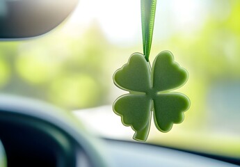 Close-up of a green, clover-shaped car air freshener hanging on the side mirror in front view. 