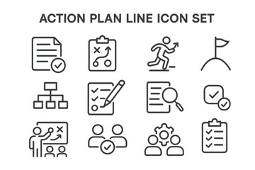 Vector icon set illustrating action plan elements with various symbols for organization and strategy