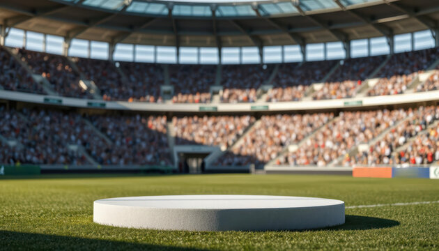 Empty sports podium on grass field with blurred cheering crowd in full stadium background