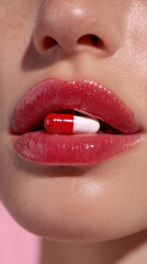 Naklejka premium Woman with glossy lips holds a red and white capsule between her teeth against a soft pink background