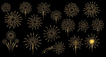 Fototapeta premium Un conjunto vectorial de ocho fuegos artificiales, aislados sobre un fondo negro.