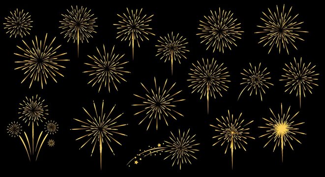 Un conjunto vectorial de ocho fuegos artificiales, aislados sobre un fondo negro.