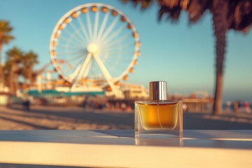 Sunset over coastal amusement park with perfume bottle in foreground and ferris wheel in background