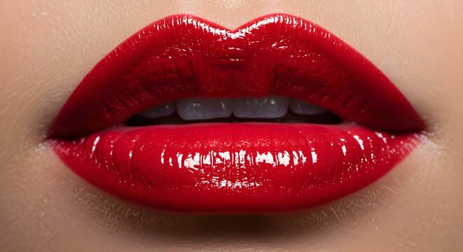 Primer plano de labios rojos sensuales. Maquillaje perfecto. Brillo labial rojo precioso. Cosm&eacute;tico. Boca abierta, labios grandes. Procedimientos cosm&eacute;ticos de belleza.