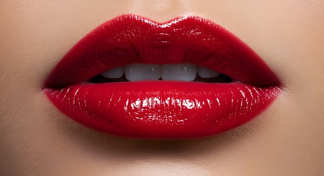 Primer plano de labios rojos sensuales. Maquillaje perfecto. Brillo labial rojo precioso. Cosmético. Boca abierta, labios grandes. Procedimientos cosméticos de belleza.