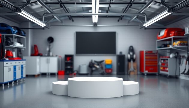 Empty minimal podium in a modern garage or workshop setting. Automotive, industrial concept with copy space.