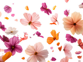 vibrant flowers petals falling on transparent background