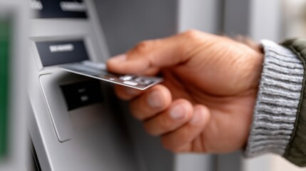 Person withdrawing cash from an ATM in an urban setting during the afternoon, showcasing the ease of accessing funds with a bank card