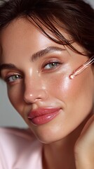 Obraz premium Close-up of a woman applying skincare serum during a beauty routine in a well-lit indoor setting, showcasing healthy skin and a radiant look
