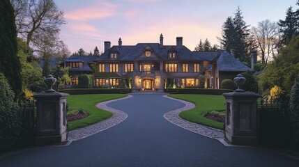 Luxury mansion with gated entrance and circular driveway and manicured landscaping. Upscale living and premium real estate concept. High-end property and investment homes in suburban neighborhoods.