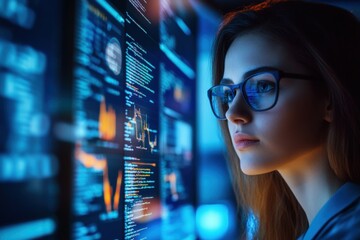 Woman developer analyzing real-time data with visualization overlays on futuristic screens, showcasing coding, cybersecurity, and tech innovation in a high-tech workspace during digital transformation