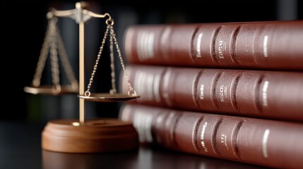 Balancing scales placed beside stacked law books on a desk in a law office environment during the day