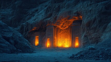 The Valley of the Kings at night, with torches lighting up ancient tomb entrances hidden in rocky cliffs