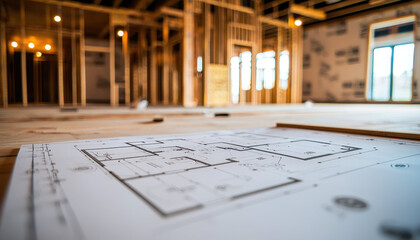 construction site featuring detailed floor plans and wooden framing, showcasing progress