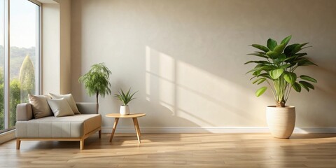 Modern Minimalist Living Room Design with Sunlight Streaming Through Window and Plants