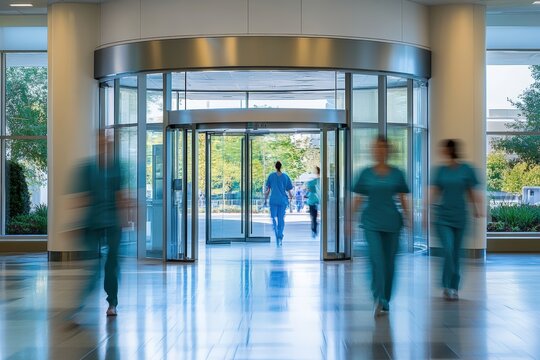 Glass entry of a modern wellness center with blurred doctors and nurses rushing inside in scrubs during busy morning shift, showcasing healthcare urgency and urban medical architecture