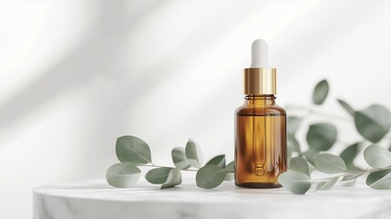 Organic serum bottle near eucalyptus leaves, organic theme supports skincare trends, organic concept reflects clean ingredients, modern wellness and branding mockups