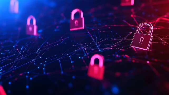 An intricate cyber network with bright locks and flowing encrypted data streams. The deep blue digital background highlights the advanced security concept.