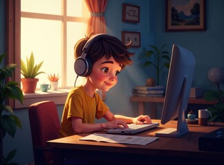 young boy with tousled brown hair wearing a light blue T-shirt and jeans, sitting at a wooden desk in a cozy, warmly lit room, engrossed in a laptop surrounded by soft golden light, a large window 
