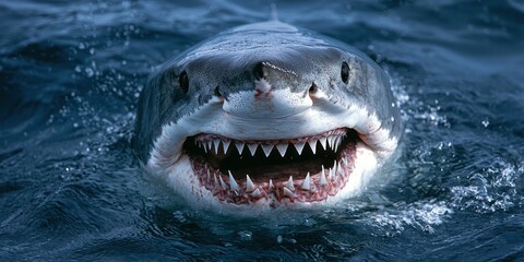 Naklejka premium A dramatic close-up of a great white sharkâ€™s face, its sharp teeth visible as it swims through the deep blue ocean