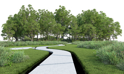 3D Render of Concrete Path in Low Shrub Garden with Transparent Background