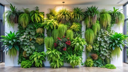 Lush Indoor Vertical Garden Featuring a Diverse Array of Verdant Foliage and Vibrant Blooms, Creating a Serene and Tranquil Atmosphere