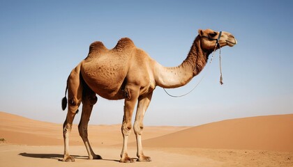 A dromedary camel standing tall in the vast expanse of a desert landscape under a clear blue sky