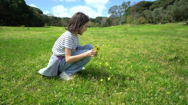 11 year old girl is picking flowers in green park on summer sunny day