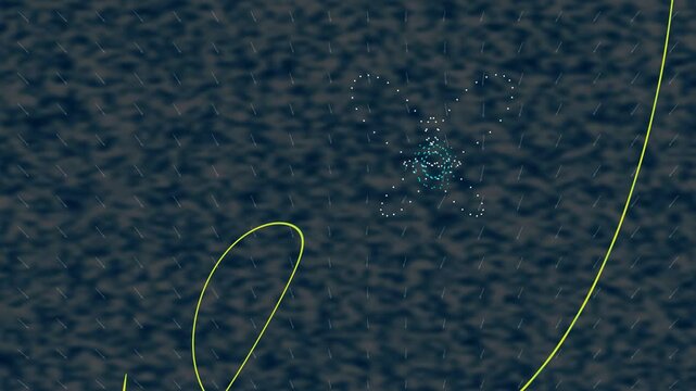 Visualization of chaos theory and butterfly effect principles. Dark background with delicate green trajectory lines showing how small initial changes create dramatically different outcomes over time.