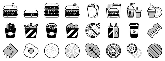 Icons in two tones about Food and Drink. Burger