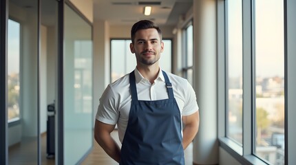 Fototapeta premium Ready To Serve, a confident barista stands in a modern office, hands behind his back, wearing a crisp white shirt and a dark blue apron. Sunlight streams through large windows.