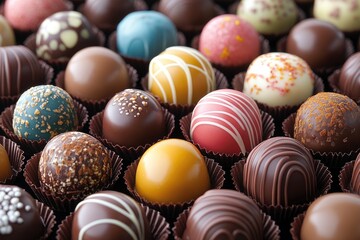 Obraz premium An array of colorful chocolate truffles are displayed in liners