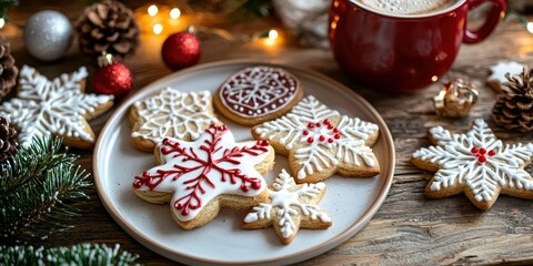 Fototapeta premium A festive table with decorated Christmas sugar cookies, a cup of hot cocoa, and a cozy holiday atmosphere