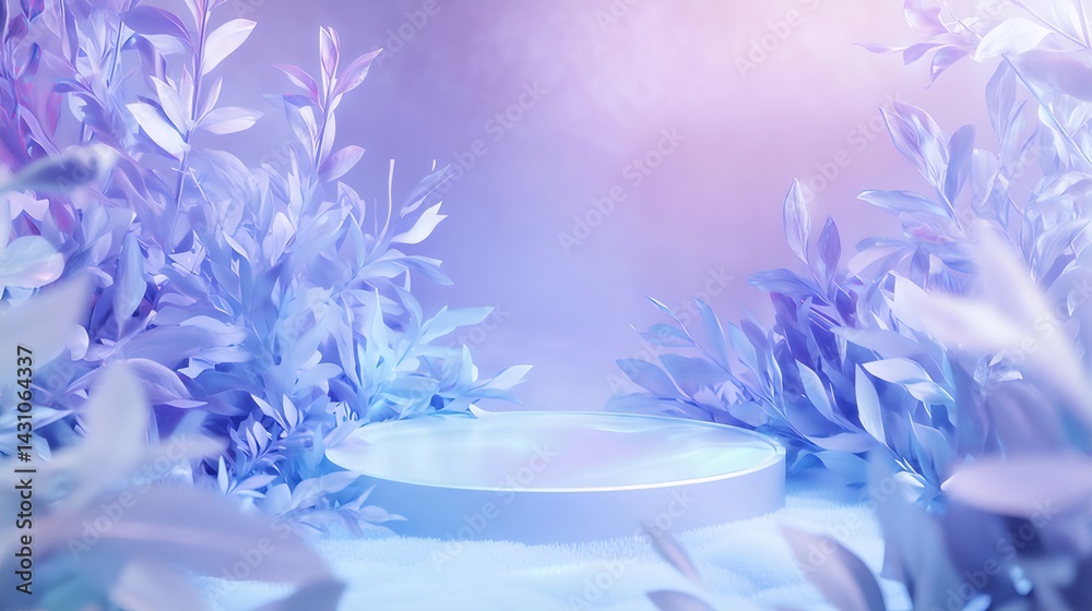 Poster 幻想的な植物と輝くライトを備えた青と紫の背景に配置された円形のプラットフォーム