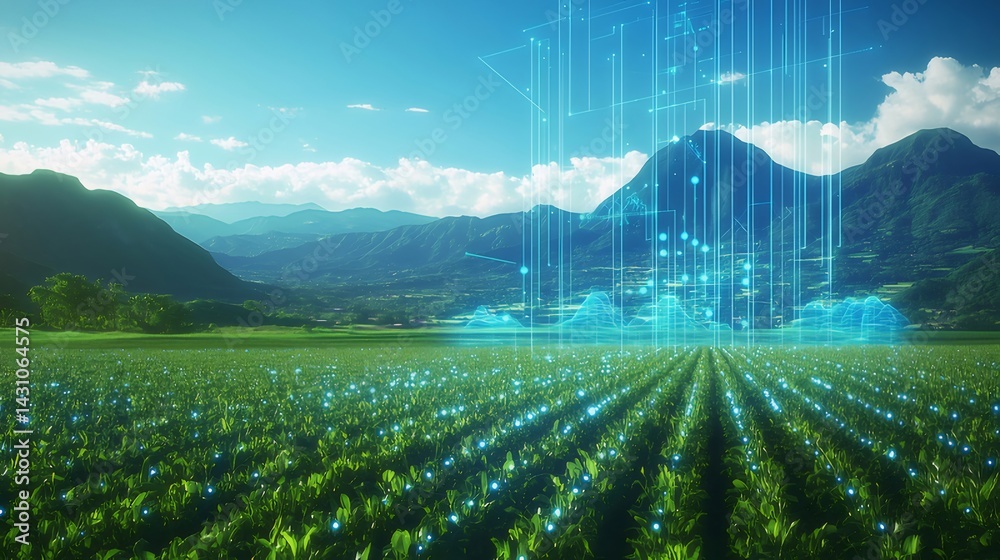 Poster デジタルデータが降り注ぐ緑豊かな畑と山々の風景 青い光が未来を象徴する自然とテクノロジーの融合