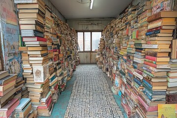 Obraz premium A narrow aisle surrounded by many towering stacks of books