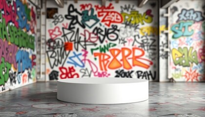 Empty display podium in an urban space with graffiti walls. Street art, youth culture concept with copy space.