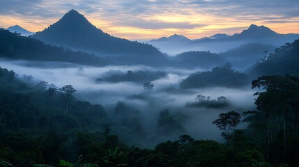 Mountain landscape misty peaks forest valley nature scenic sunrise escape