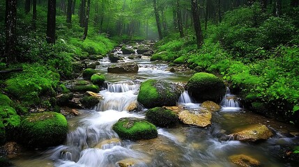 Obraz premium Mountain stream cascading over mossy rocks surrounded by dense forest refreshing nature