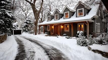 Cozy home with lighted windows and snowy driveway surrounded by snowy trees