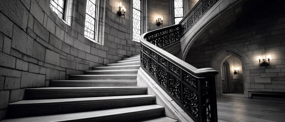 Fototapeta premium Dramatic view of a building staircase with stone walls and arched windows