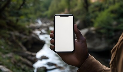 Close-up of an African American man holding an phone with a white screen. In the background is a river and a forest, 