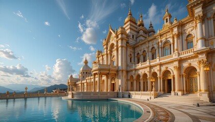 Opulent palace with a grand pool, showcasing exquisite architecture and serene beauty under a bright sky and distant mountains.