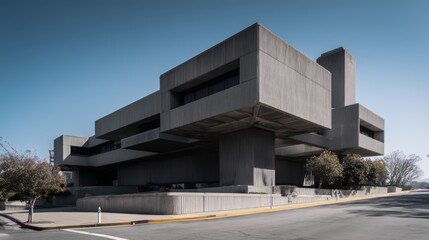 Fototapeta premium Brutalist Modernist Concrete Building with Geometric Facade, Winter Plaza Scene and Distant Hills.