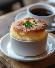 Delicious fluffy souffle served in a white bowl alongside a cup of coffee, perfect for brunch or dessert.