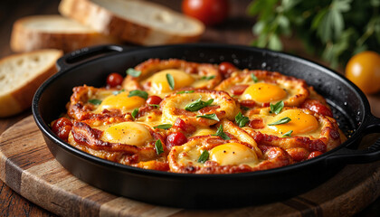 Delicious shakshuka with eggs, tomatoes, and herbs served in skillet on wooden board