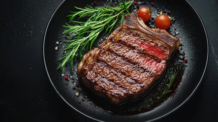 Exquisite pan-seared steak plated elegantly with a side of vegetables and garnish sitting on a white plate
