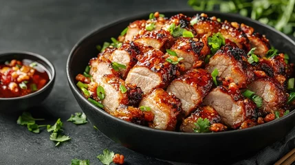 Fotobehang Peking Flavorful bowl of peking-style crispy pork in rich sauce ready to be served with fresh ingredients for a delicious meal  © pornpong
