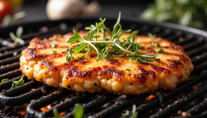 Grilled corn fritters with herbs on barbecue grill, close-up view