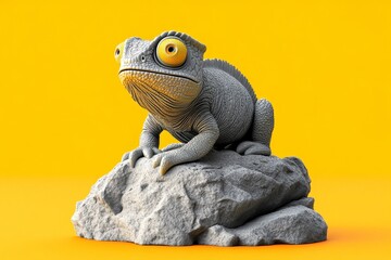 Gray chameleon figurine perched atop a textured rock against a bright backdrop.